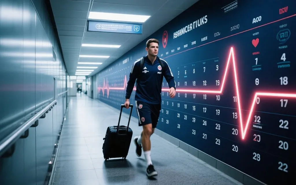 球员在俱乐部与国家队之间奔波，体现赛程压缩与负荷管理