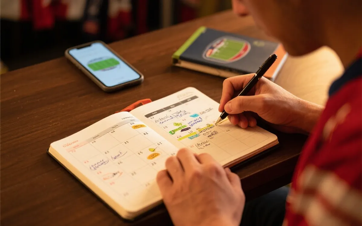 球迷手持行程本与手机，世界杯赛程时间线旅行规划概念图